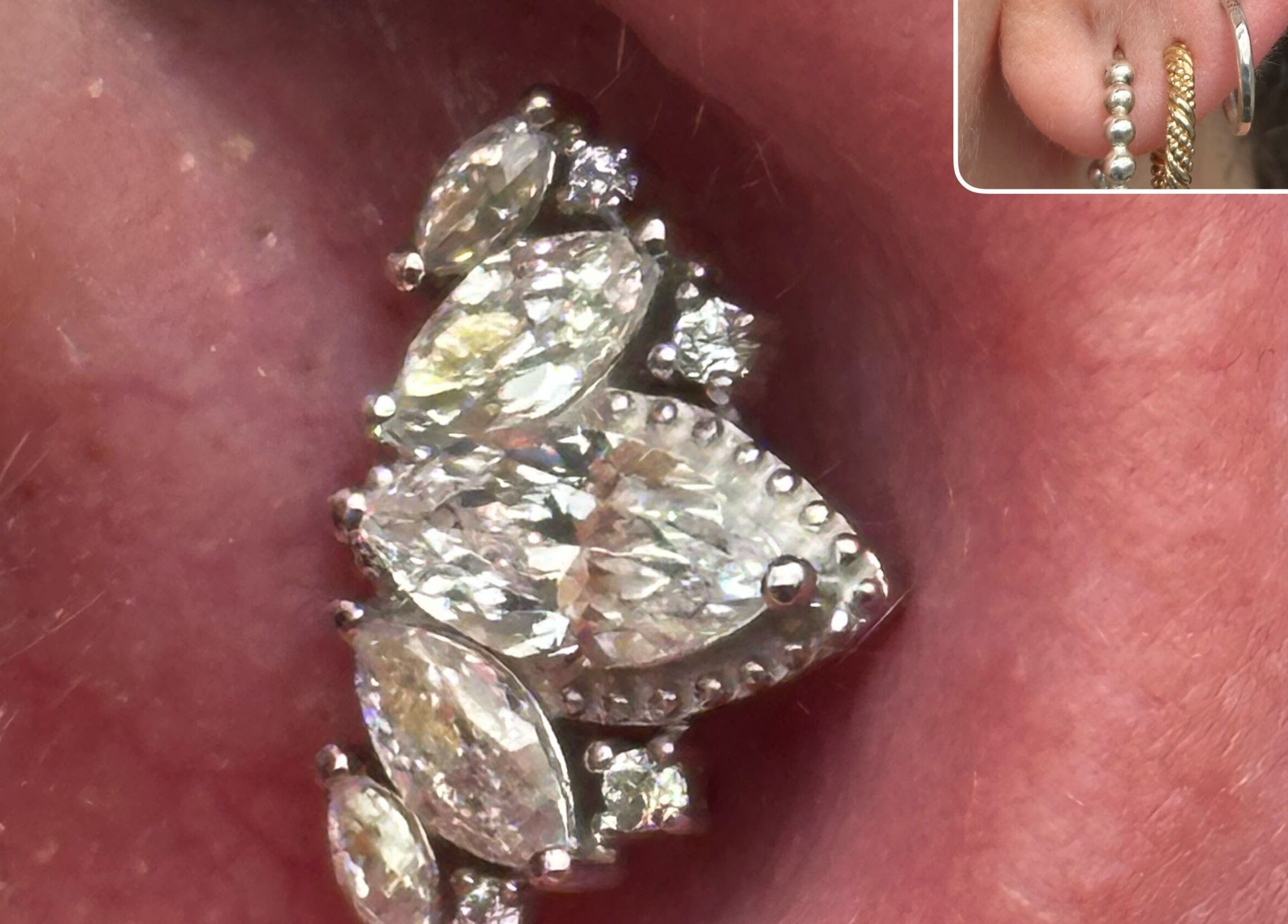 Exquisite diamond ear piercing showcased at The Piercing Co, Bridgend, Wales, GB. Perfect blend of elegance and style.