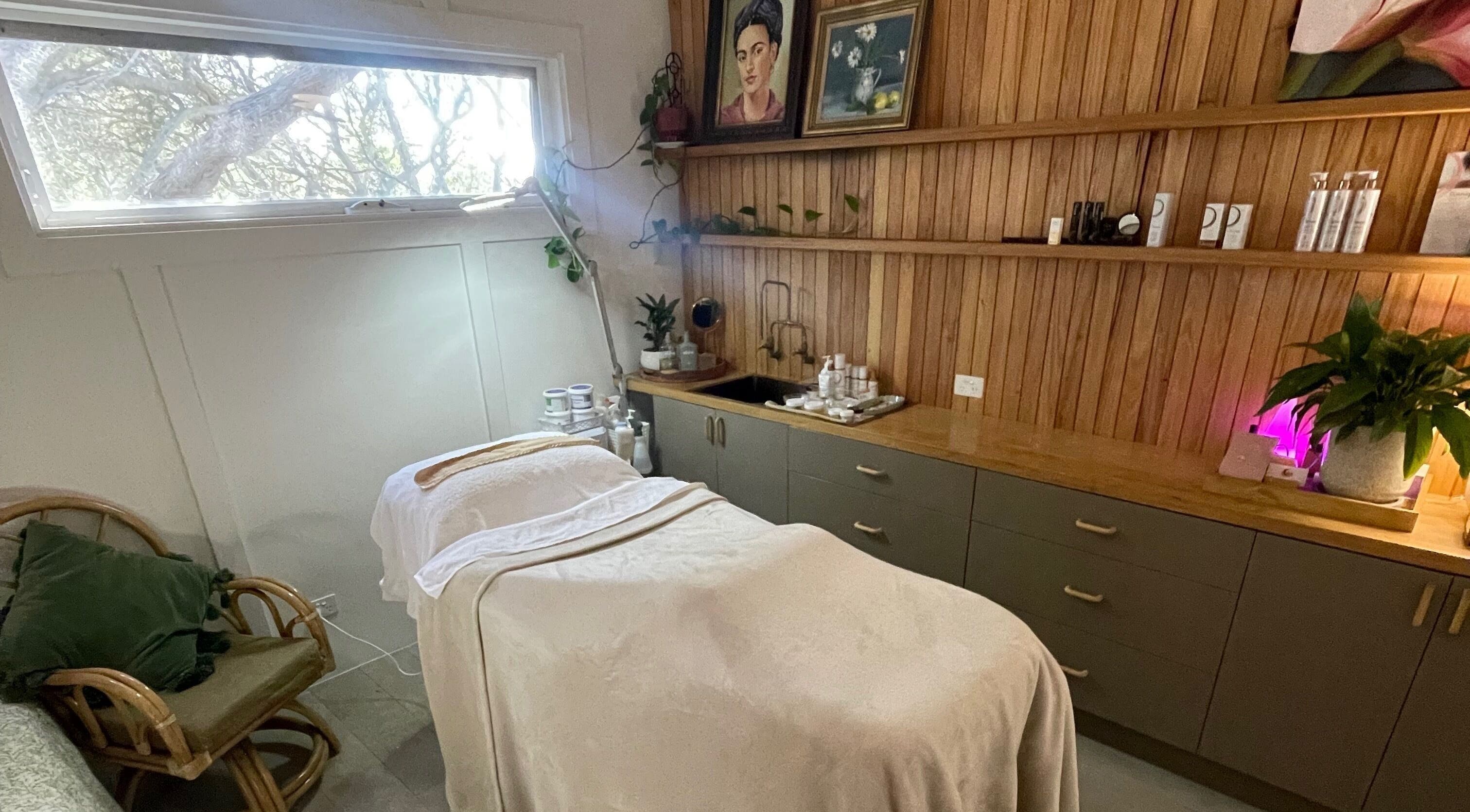 Relaxing treatment room at The Moonah Studio, Blairgowrie, Victoria, AU, with cozy decor and natural light.