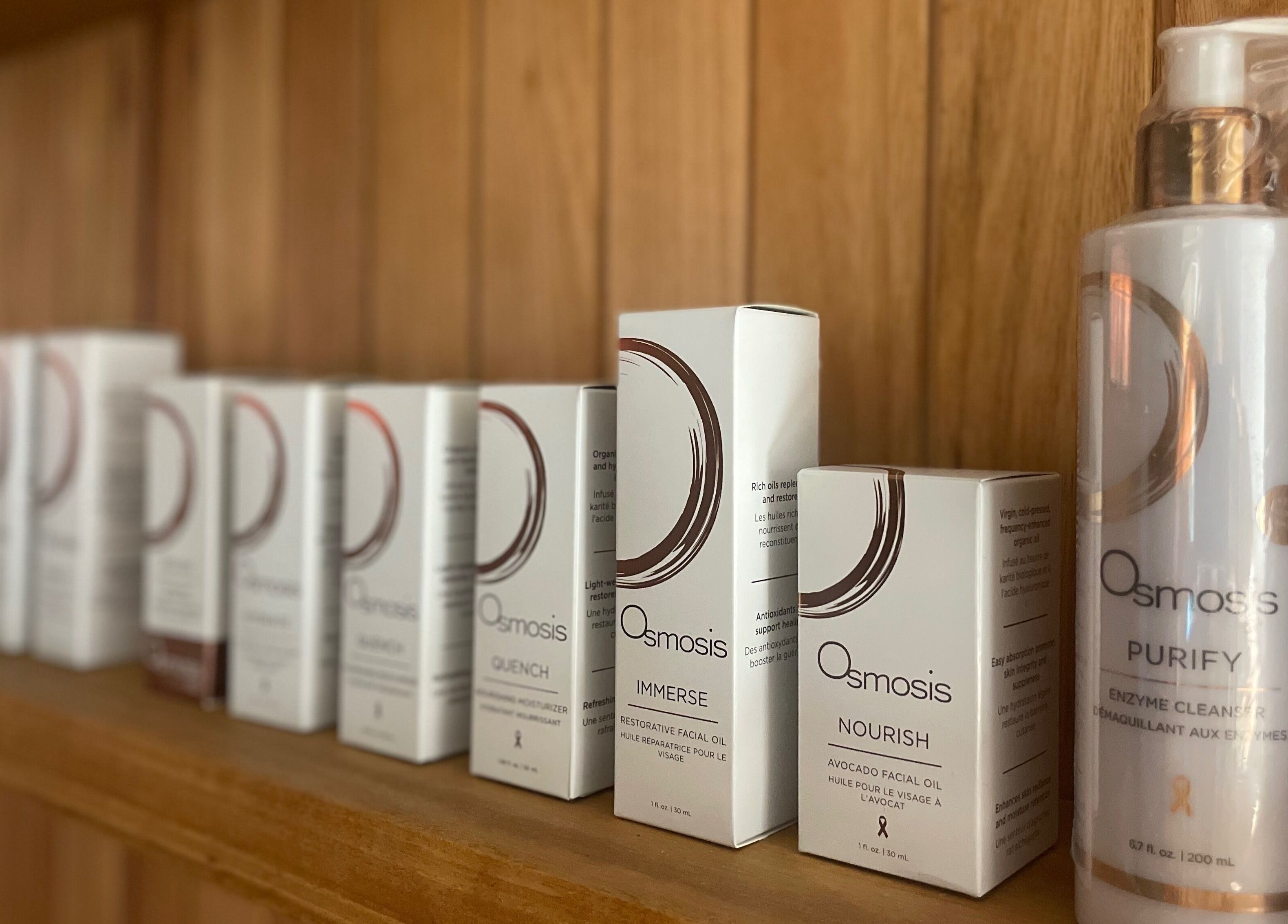Osmosis skincare products on a wooden shelf at The Moonah Studio, Blairgowrie, Victoria, AU.