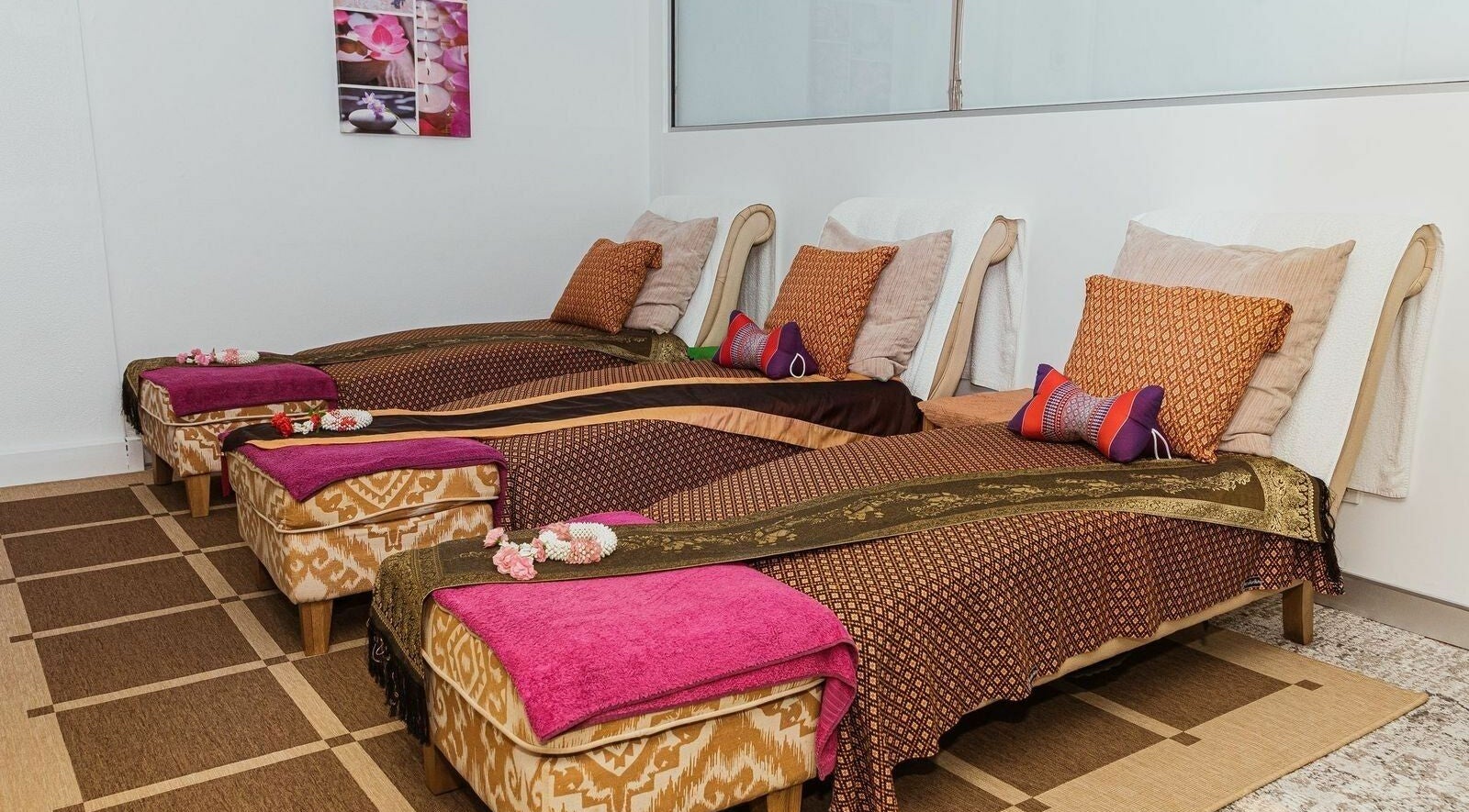 Cozy massage beds at Nana Thai Massage and Beauty, Teneriffe, Queensland, AU, offering serene relaxation.