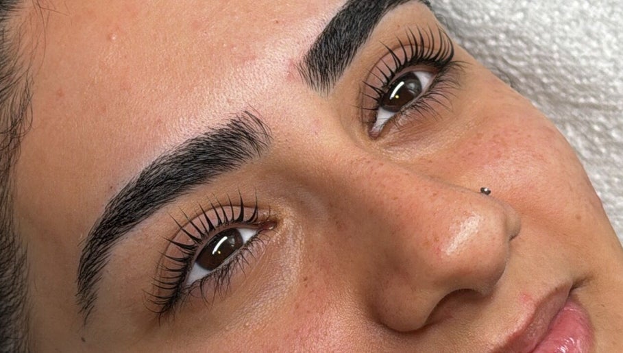 Close-up of meticulously groomed eyebrows and lashes at Plan B Beauty, Broadford, Victoria, AU.
