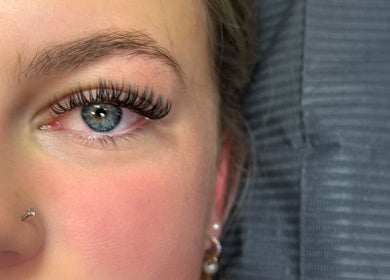 Close-up of a client's eye with enhanced lashes at Plan B Beauty, Broadford, Victoria, AU.