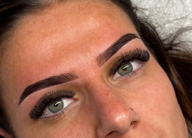 Close-up of expertly shaped brows and lashes at Plan B Beauty, Broadford, Victoria, AU.
