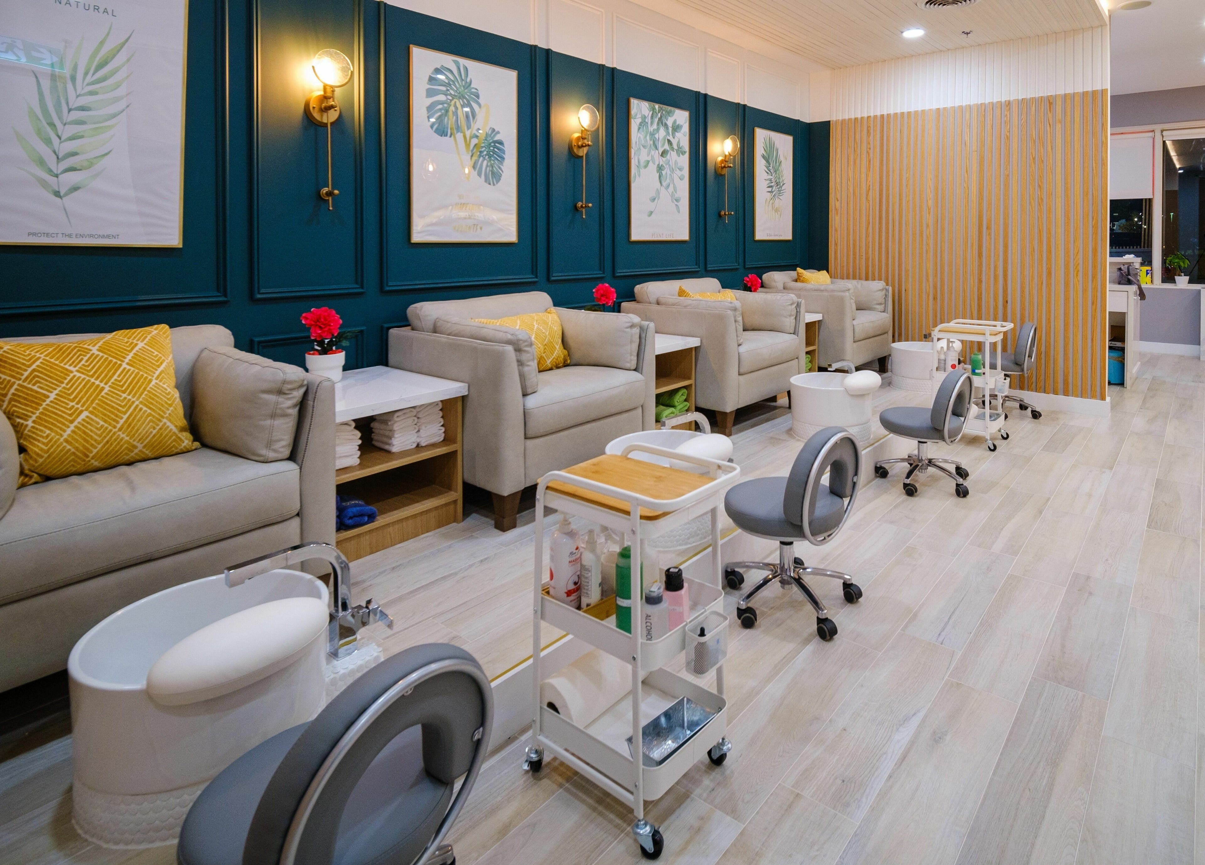 Luxurious pedicure area at One23 Beauty Bar, Vaughan, Ontario, CA featuring plush chairs and serene ambiance.