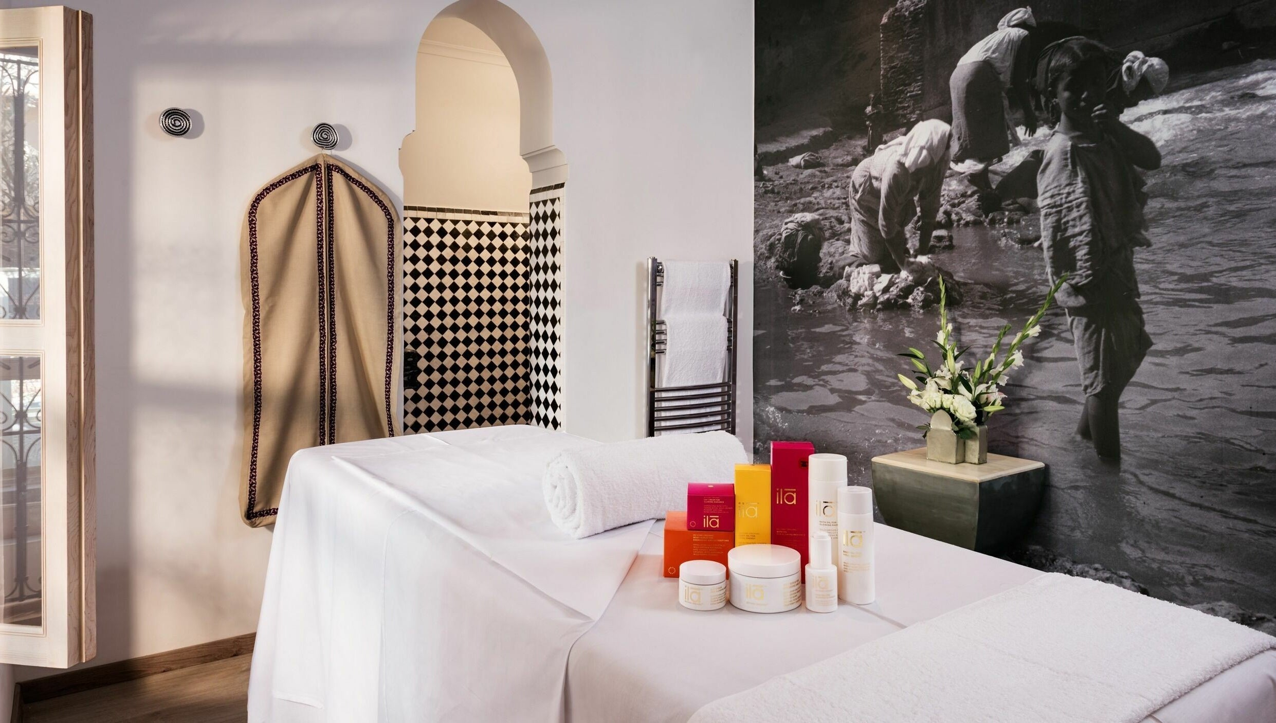 Farnatchi Spa relaxing treatment room with products in Marrakesh, Marrakesh-Safi, MA.