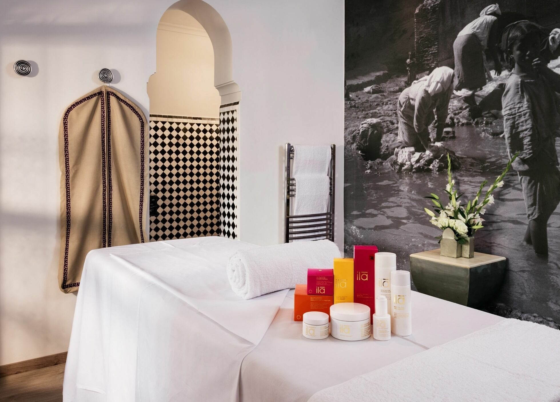 Farnatchi Spa relaxing treatment room with products in Marrakesh, Marrakesh-Safi, MA.