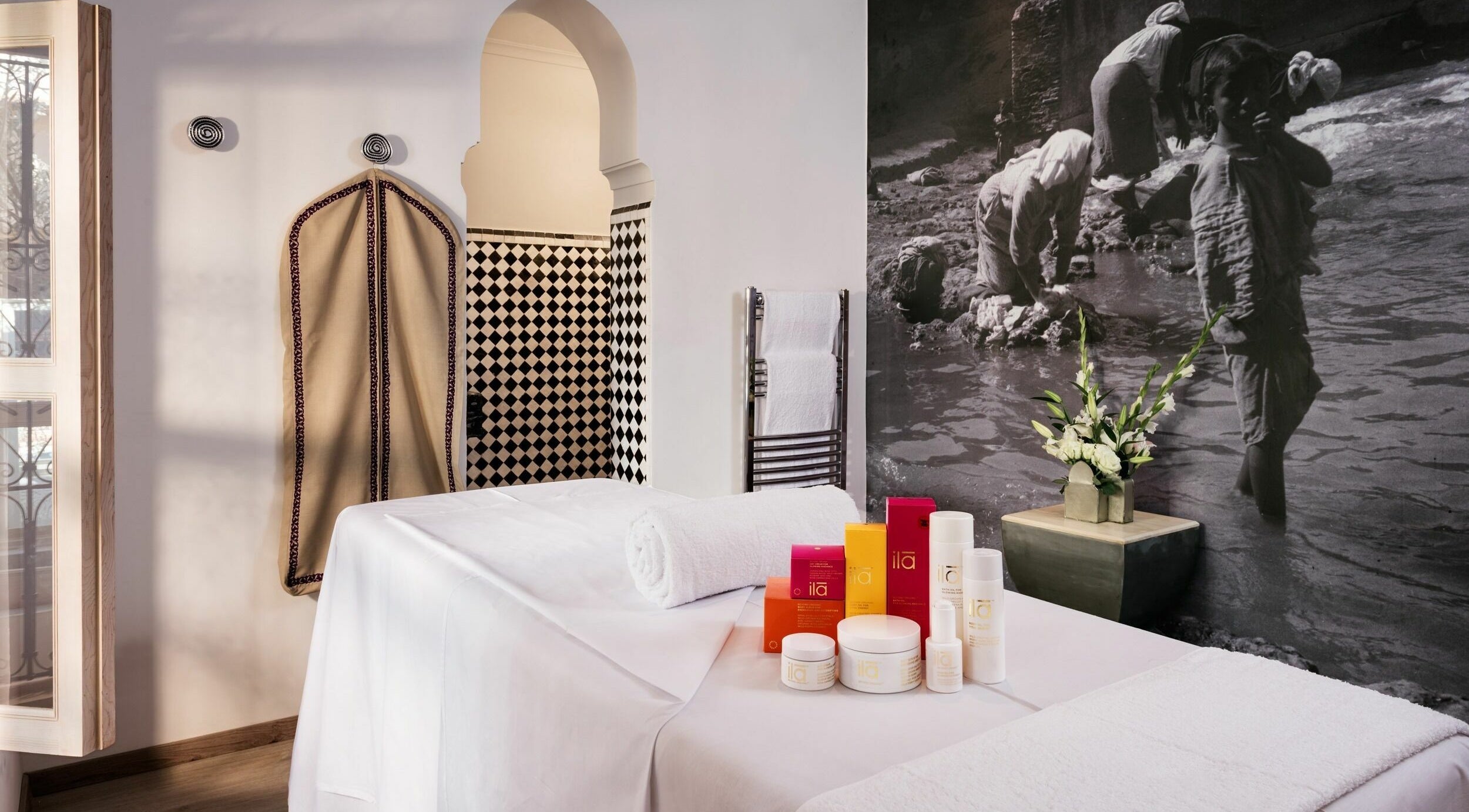 Farnatchi Spa relaxing treatment room with products in Marrakesh, Marrakesh-Safi, MA.