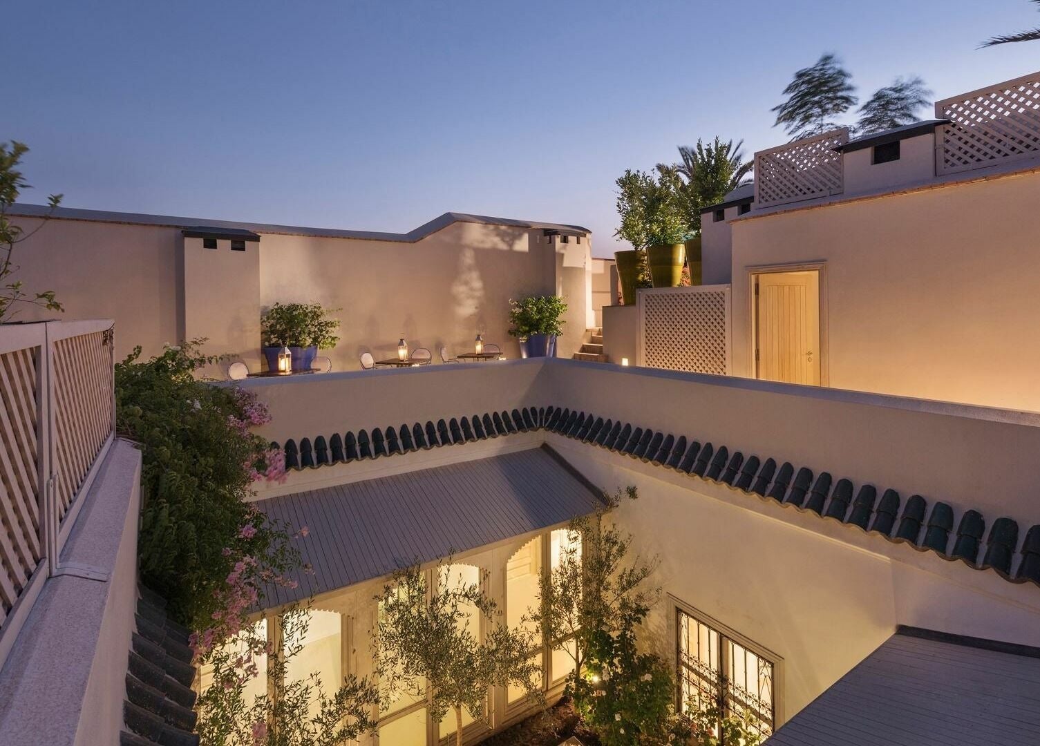 Elegant courtyard view at Farnatchi Spa, Marrakesh, Marrakesh-Safi, MA, showcasing serene evening ambiance.