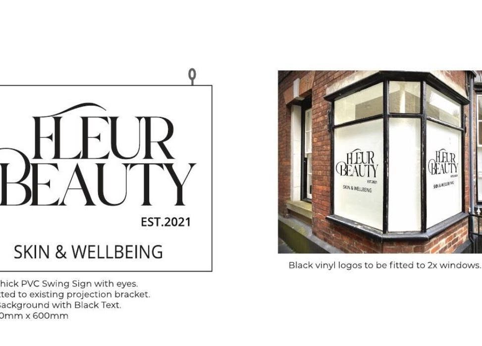 Fleur Beauty | Skin and Wellbeing signage on window, Barnstaple, England, GB.