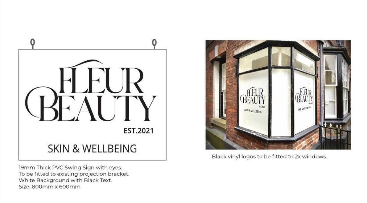 Fleur Beauty | Skin and Wellbeing signage on window, Barnstaple, England, GB.