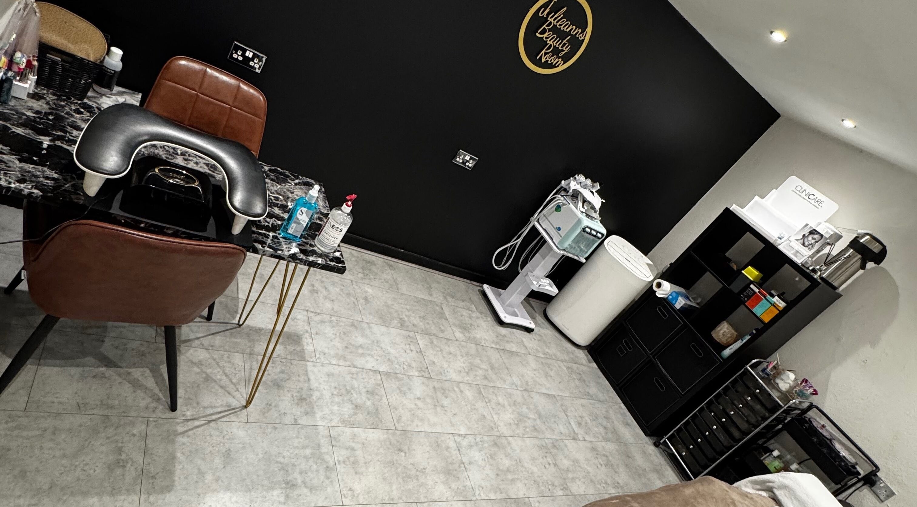 Julieann’s Beauty Room interior featuring a stylish black decor in Blantyre, Scotland, GB.