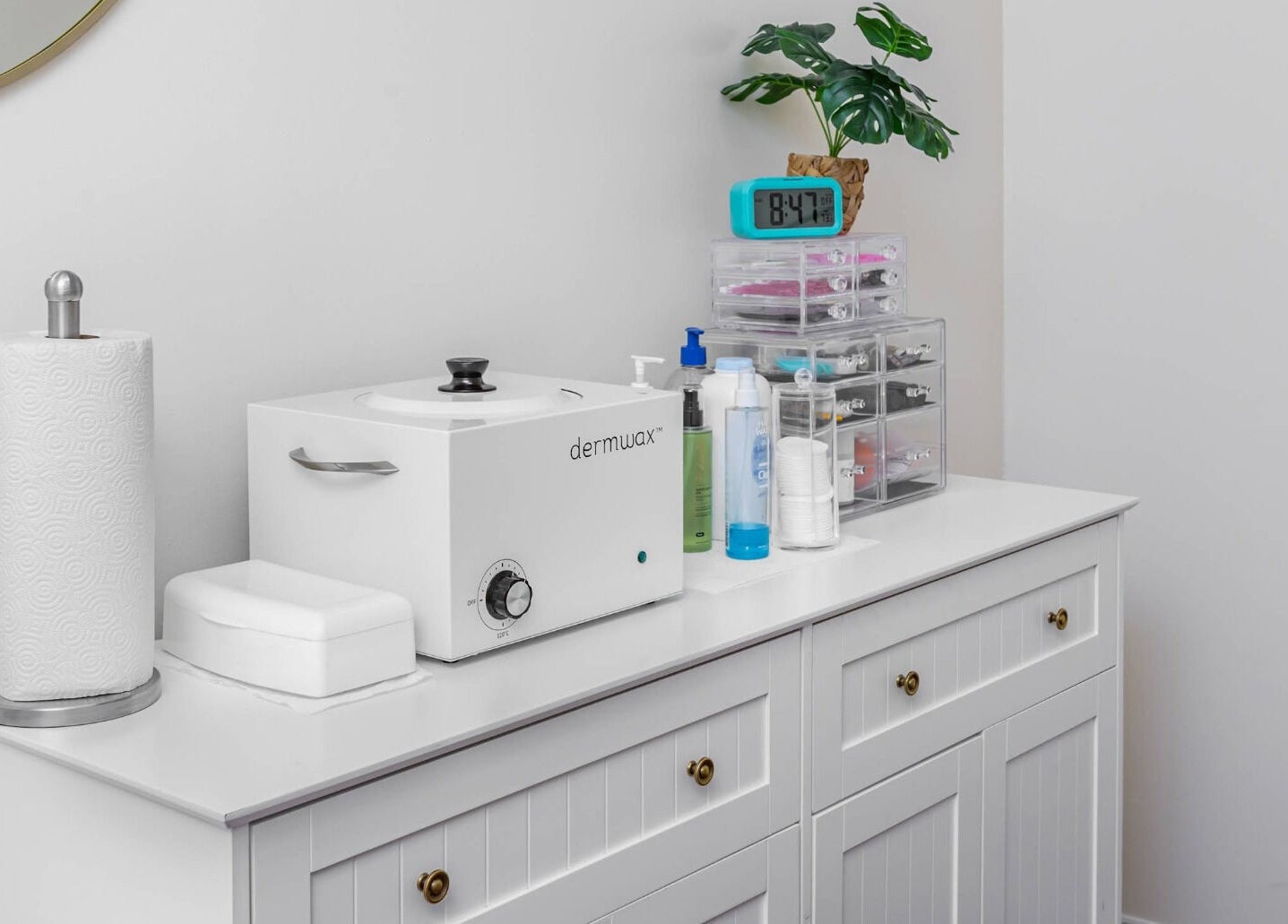 Sleek wax station at Mad Wax, Largo, Florida, US, featuring essential beauty tools and supplies.