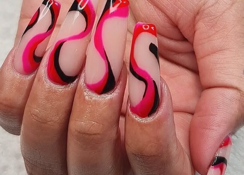 Bright pink and black nail art at Thitty Lashes, Moi, Rogaland, NO. Stylish and trendy manicure design.