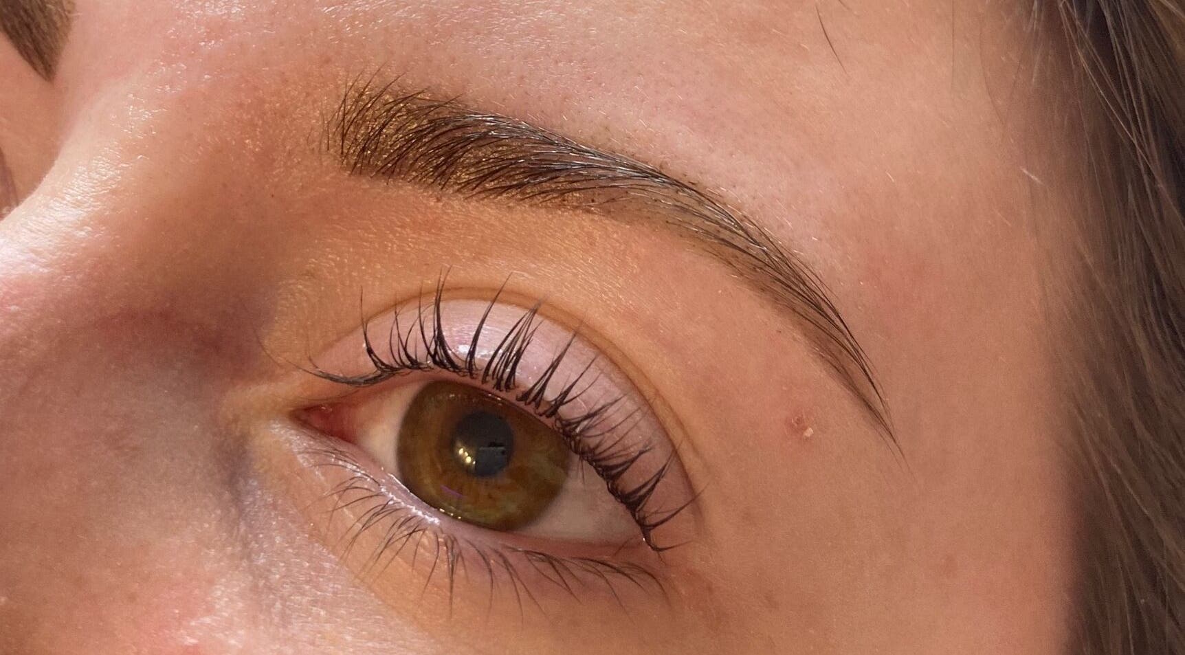 Close-up of groomed eyebrow and lashes at Source in Methven, Scotland, GB.