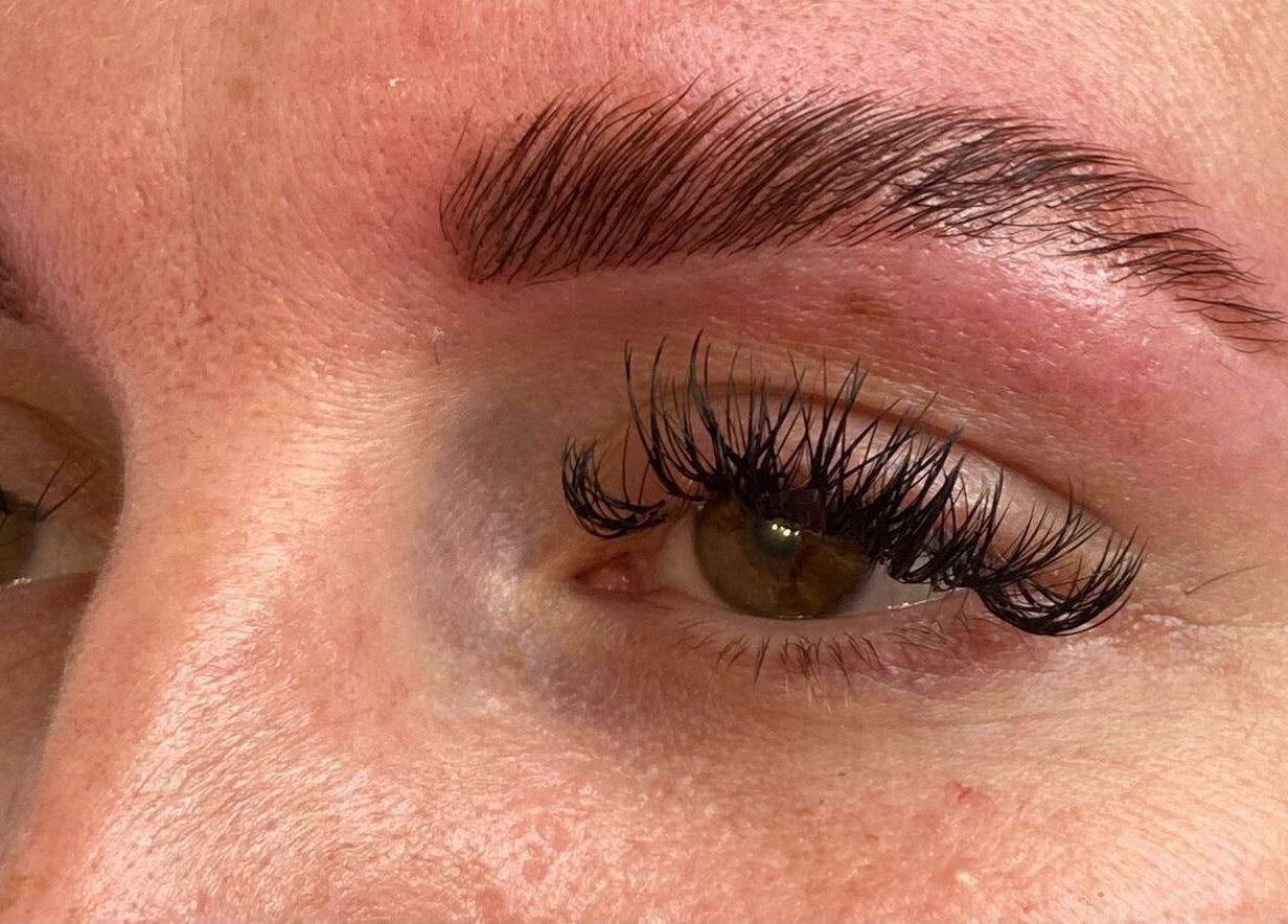 Close-up of enhanced lashes and brows at Source, Methven, Scotland, GB for a flawless beauty treatment.