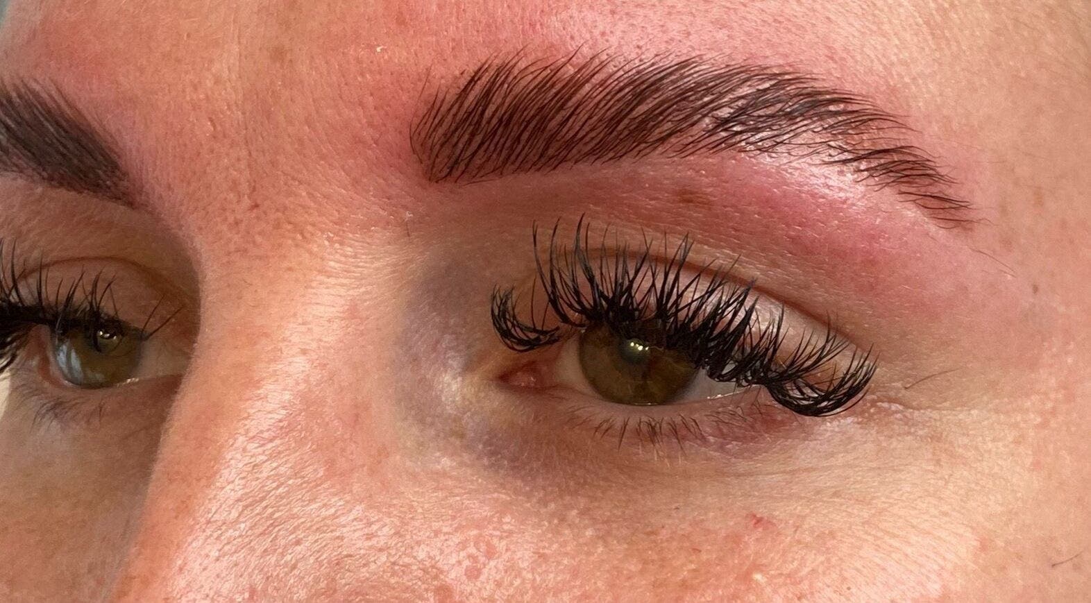 Close-up of enhanced lashes and brows at Source, Methven, Scotland, GB for a flawless beauty treatment.
