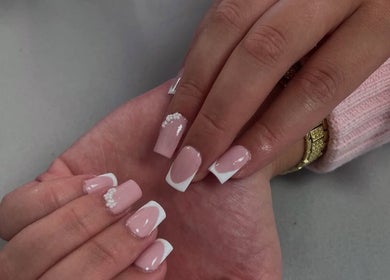 Elegant French manicure with pearl accents at HumS Beauty Clinic (Mosgiel), Mosgiel, Otago Region, NZ.