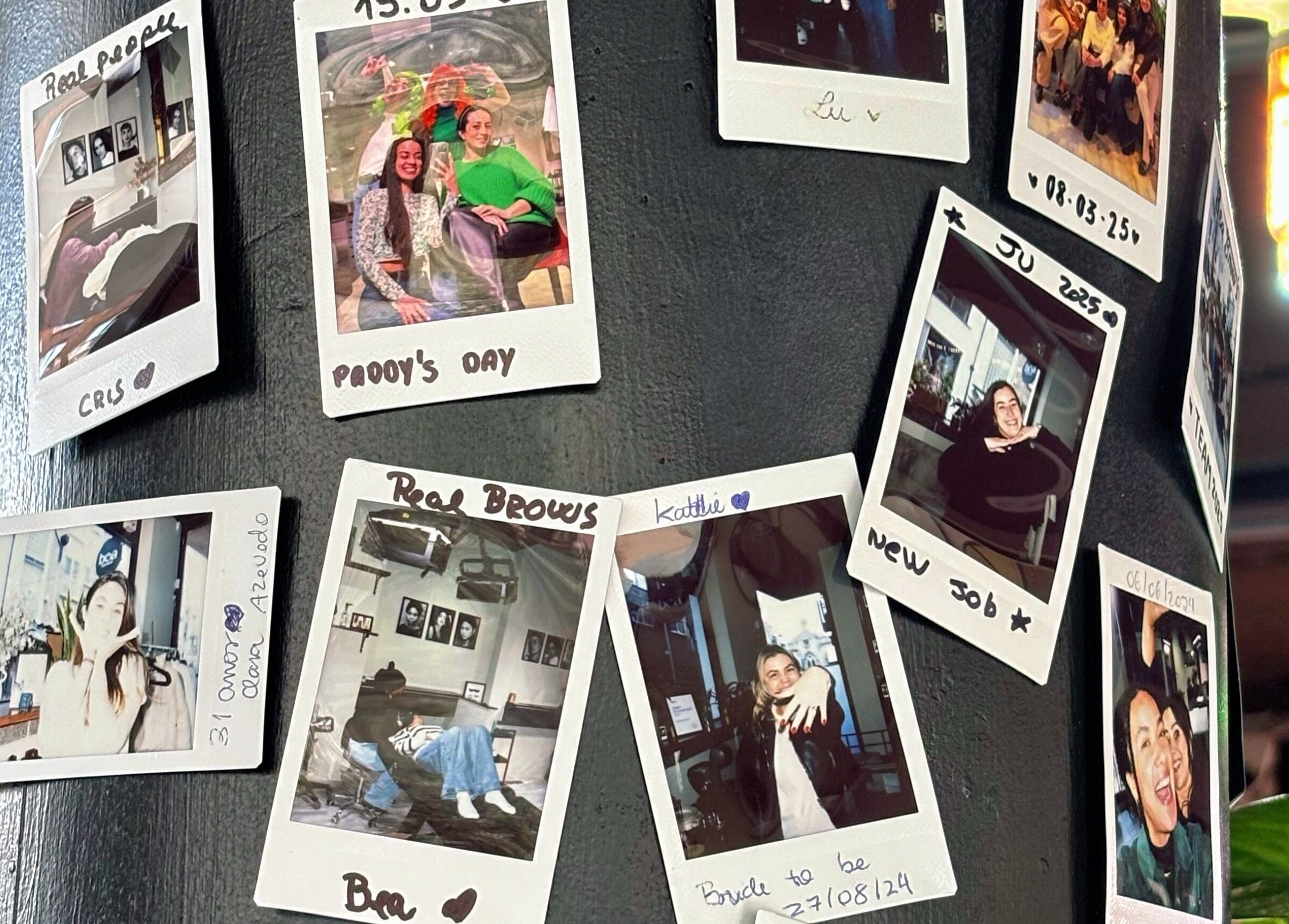 Polaroid photos displayed at Bea Brow Artistry, Dublin Southside, County Dublin, IE, capturing joyful moments.