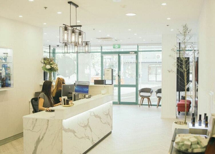 Sophisticated Dermaesthetique reception area in Bondi Junction, New South Wales, AU. Modern decor and welcoming ambiance.
