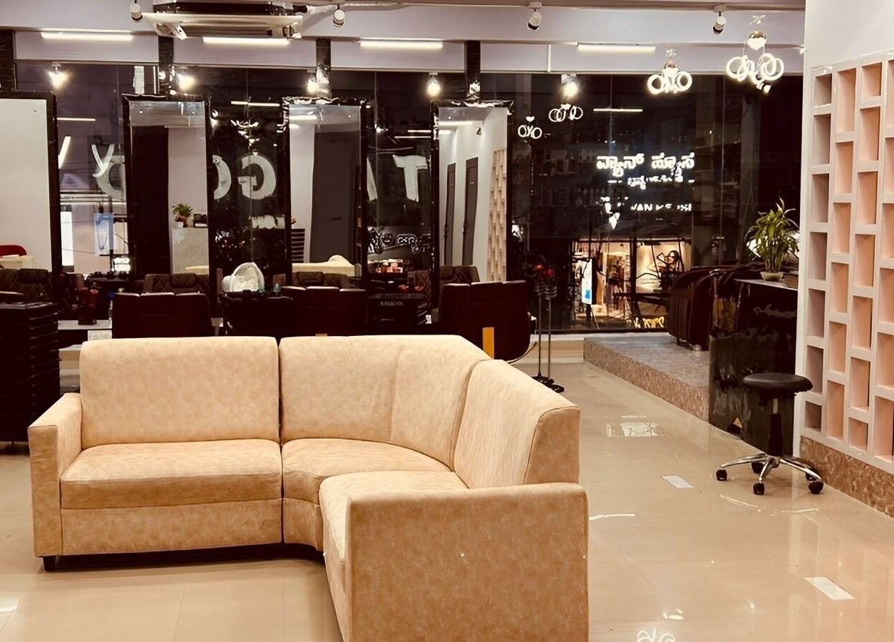 Contemporary seating at Tropicurl Salon in Bengaluru, Karnataka, IN, showcasing modern salon interior.