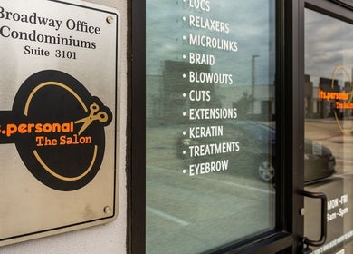 Its Personal the Salon entrance sign showcasing services in Pearland, Texas, US.