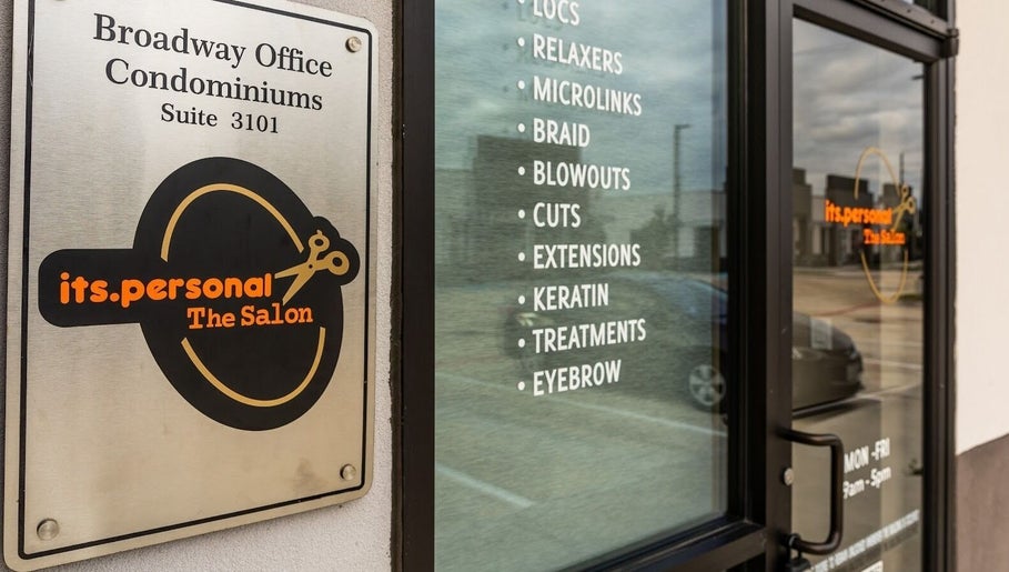 Exterior sign of Its Personal the Salon in Pearland, Texas, US showcasing services like cuts and keratin.
