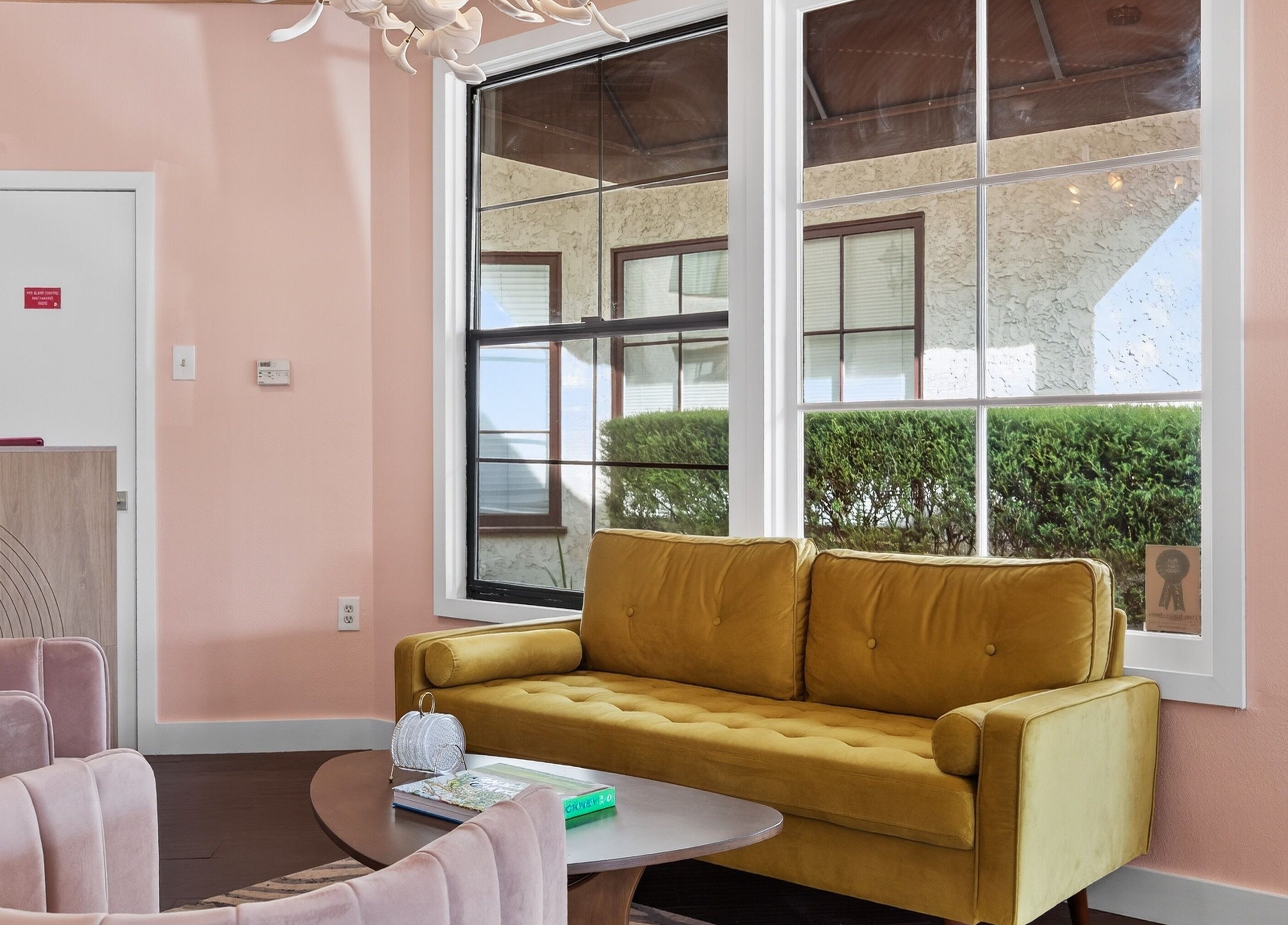 Elegant lounge with pastel decor at Bijou in Ojai, California, US.