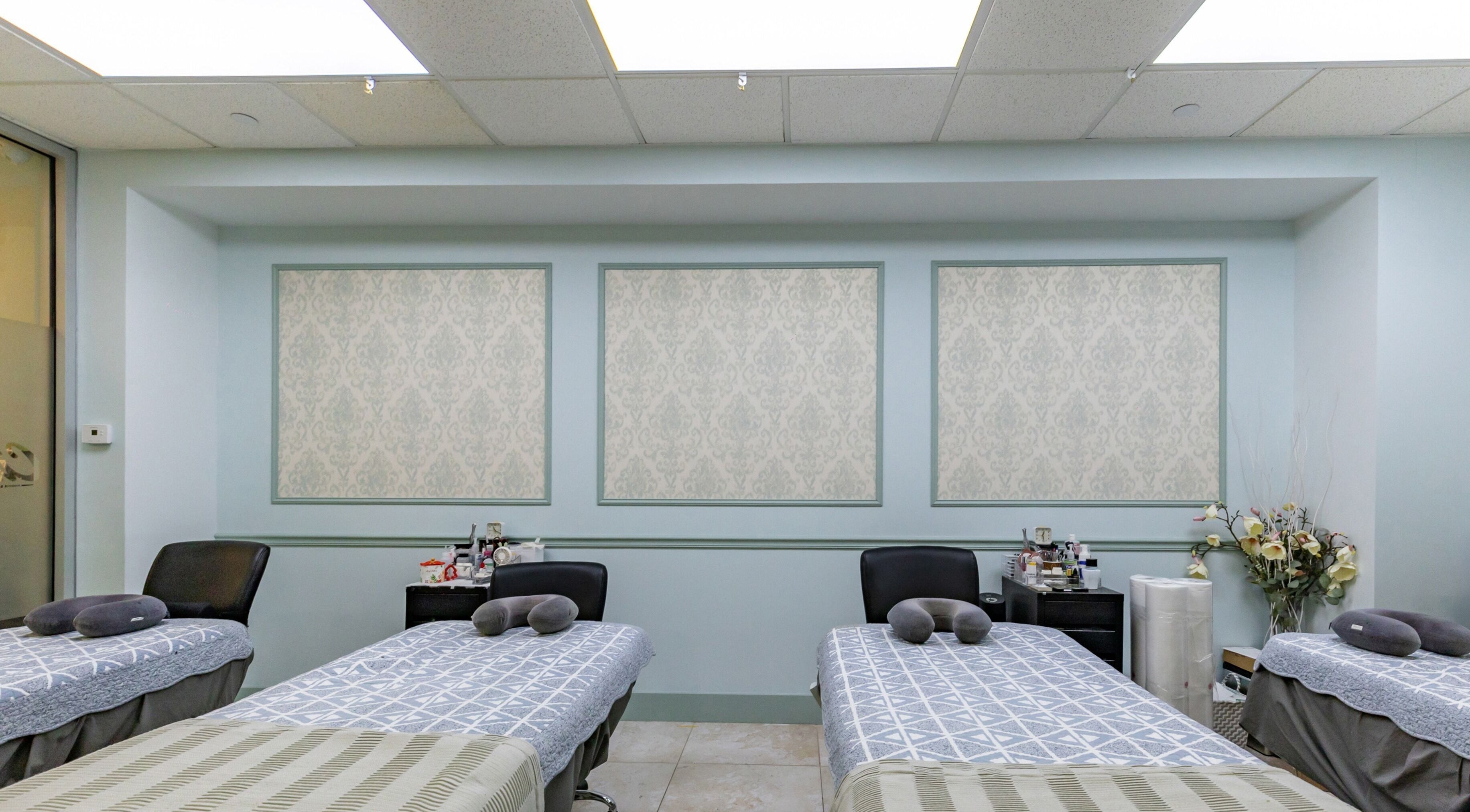 Tranquil spa room with treatment beds at Cilium Lash Studio in New York, New York, US.