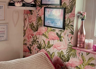 Awards and decor at Lashes By Leesh Witney, Witney, England, GB with pink flamingo theme.