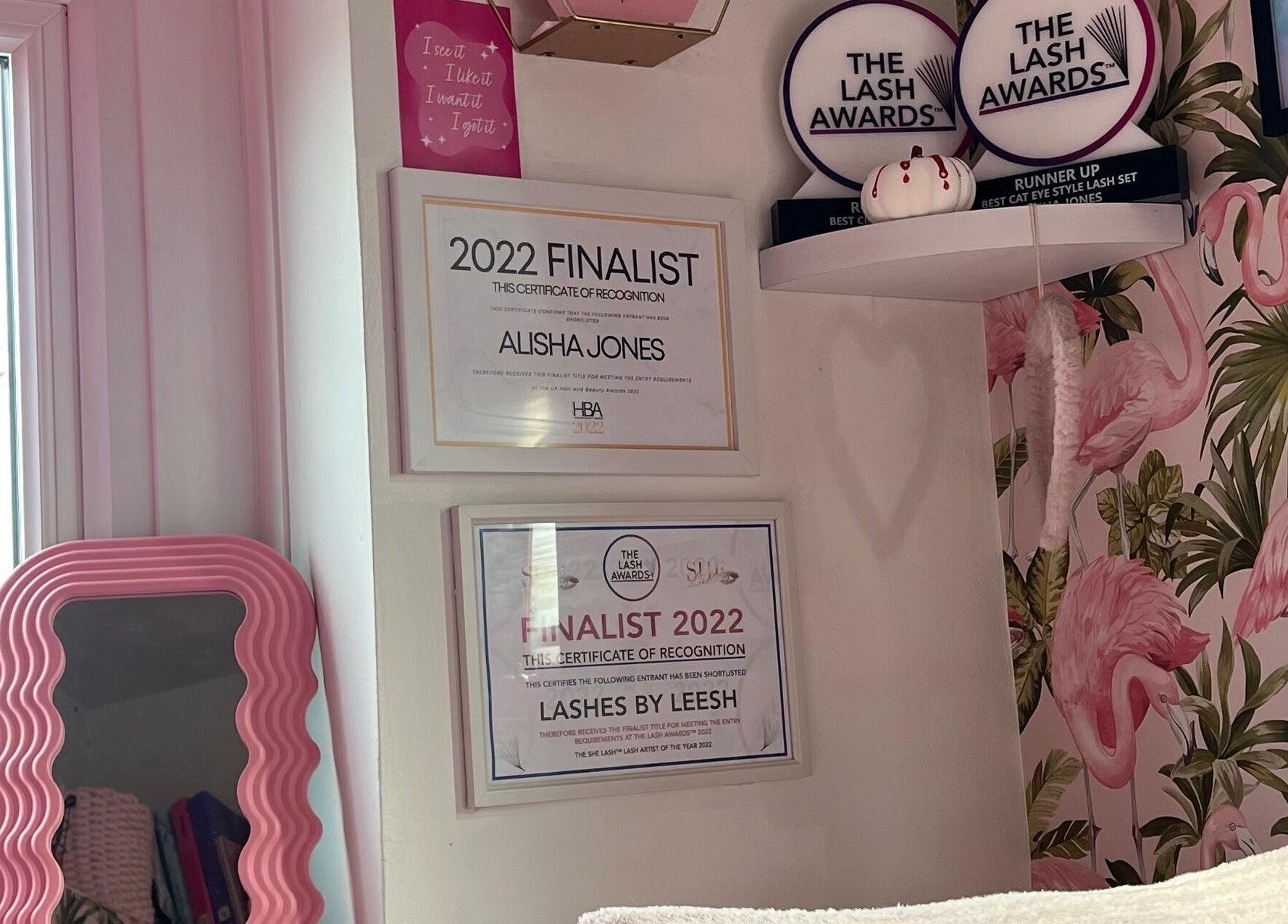 Awards and decor at Lashes by Leesh Bledington, Chipping Norton, England, GB highlighting its elegant aesthetics.