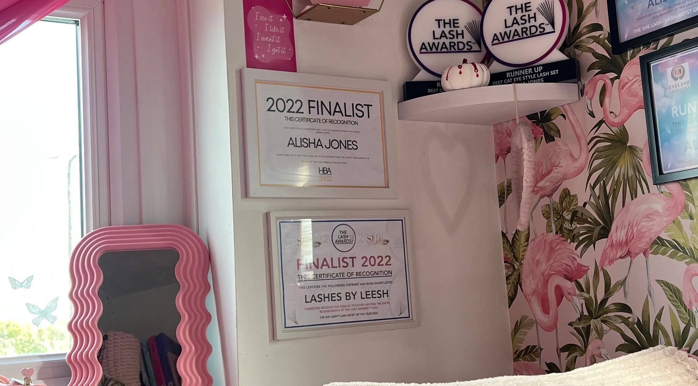 Awards and decor at Lashes by Leesh Bledington, Chipping Norton, England, GB highlighting its elegant aesthetics.