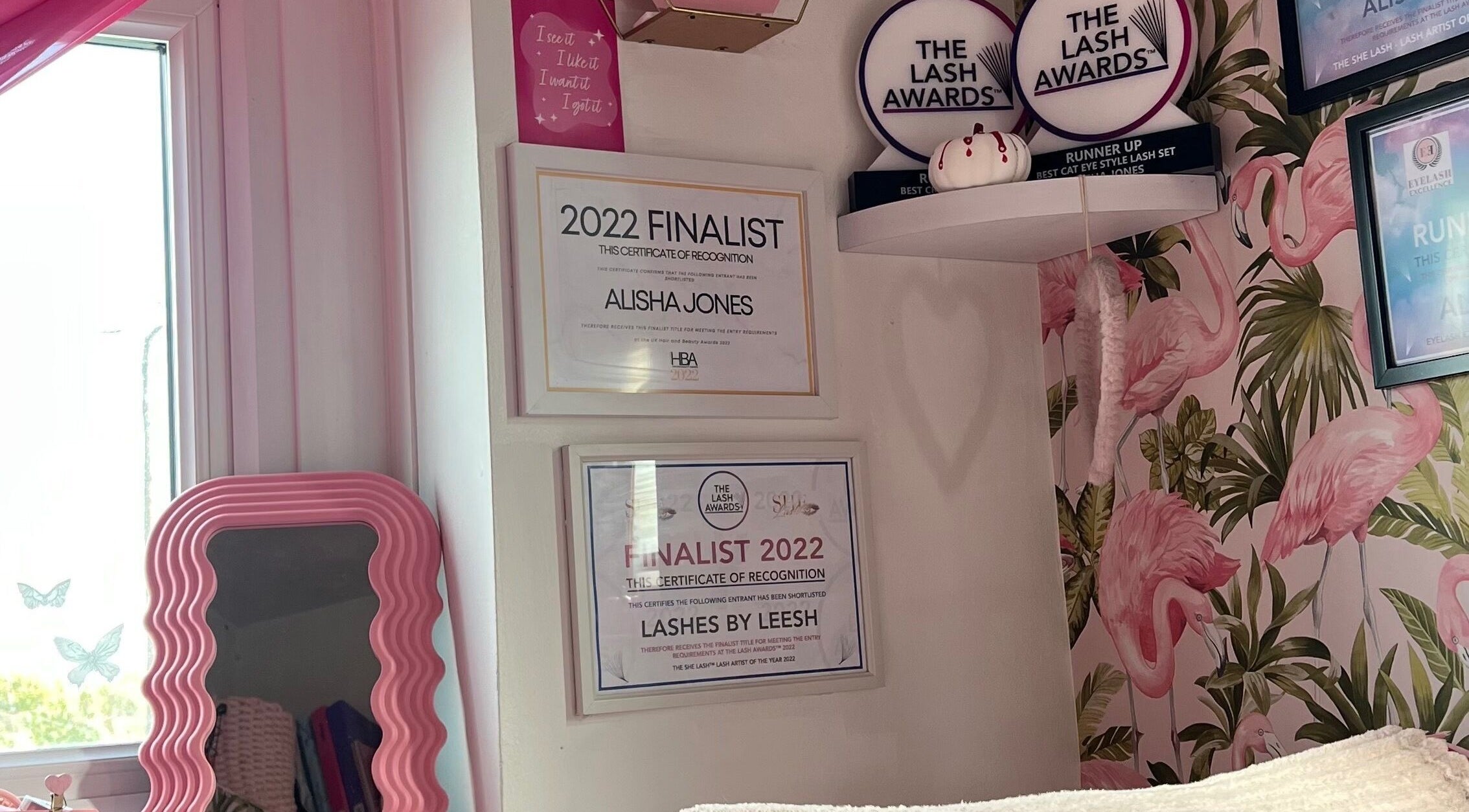 Awards and decor at Lashes by Leesh Bledington, Chipping Norton, England, GB highlighting its elegant aesthetics.
