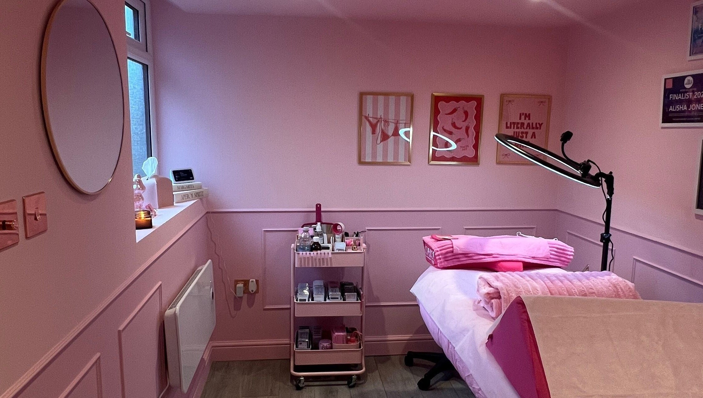 Lashes By Leesh Witney beauty room with pink decor and treatment bed, Witney, England, GB.