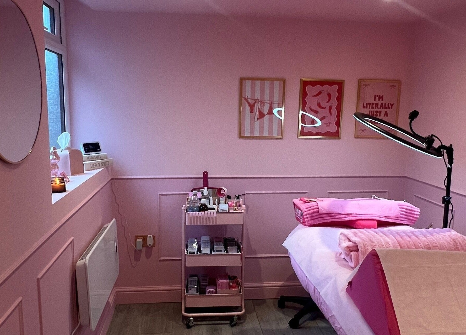 Lashes By Leesh Witney beauty room with pink decor and treatment bed, Witney, England, GB.