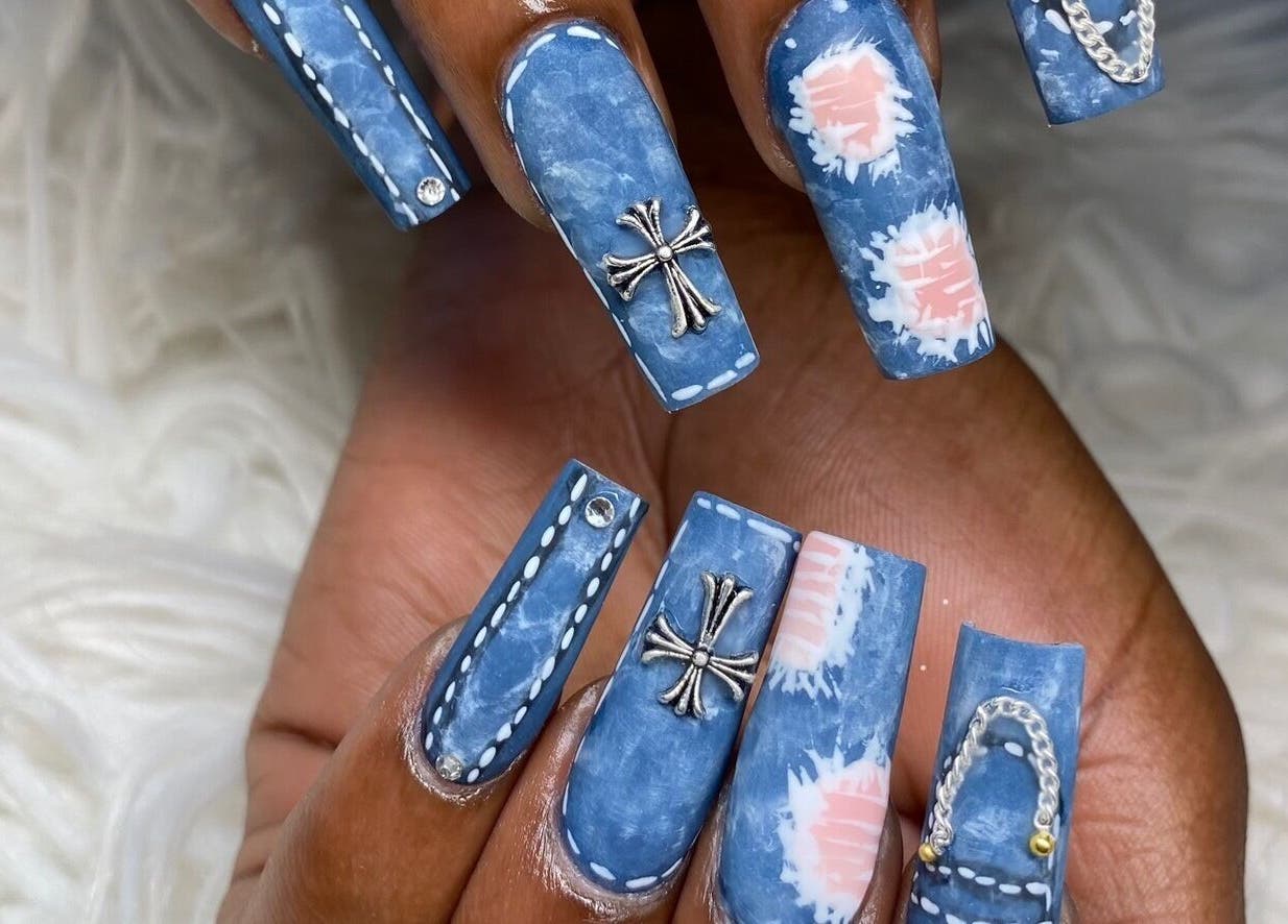 Stunning blue and pink nail art by Glam Nails by Sharon Melamu in Kuruman, Northern Cape, ZA.