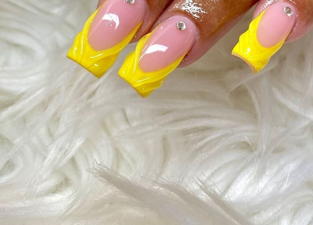 Yellow and nude nail art with rhinestones at Glam Nails by Sharon Melamu, Kuruman, Northern Cape, ZA.