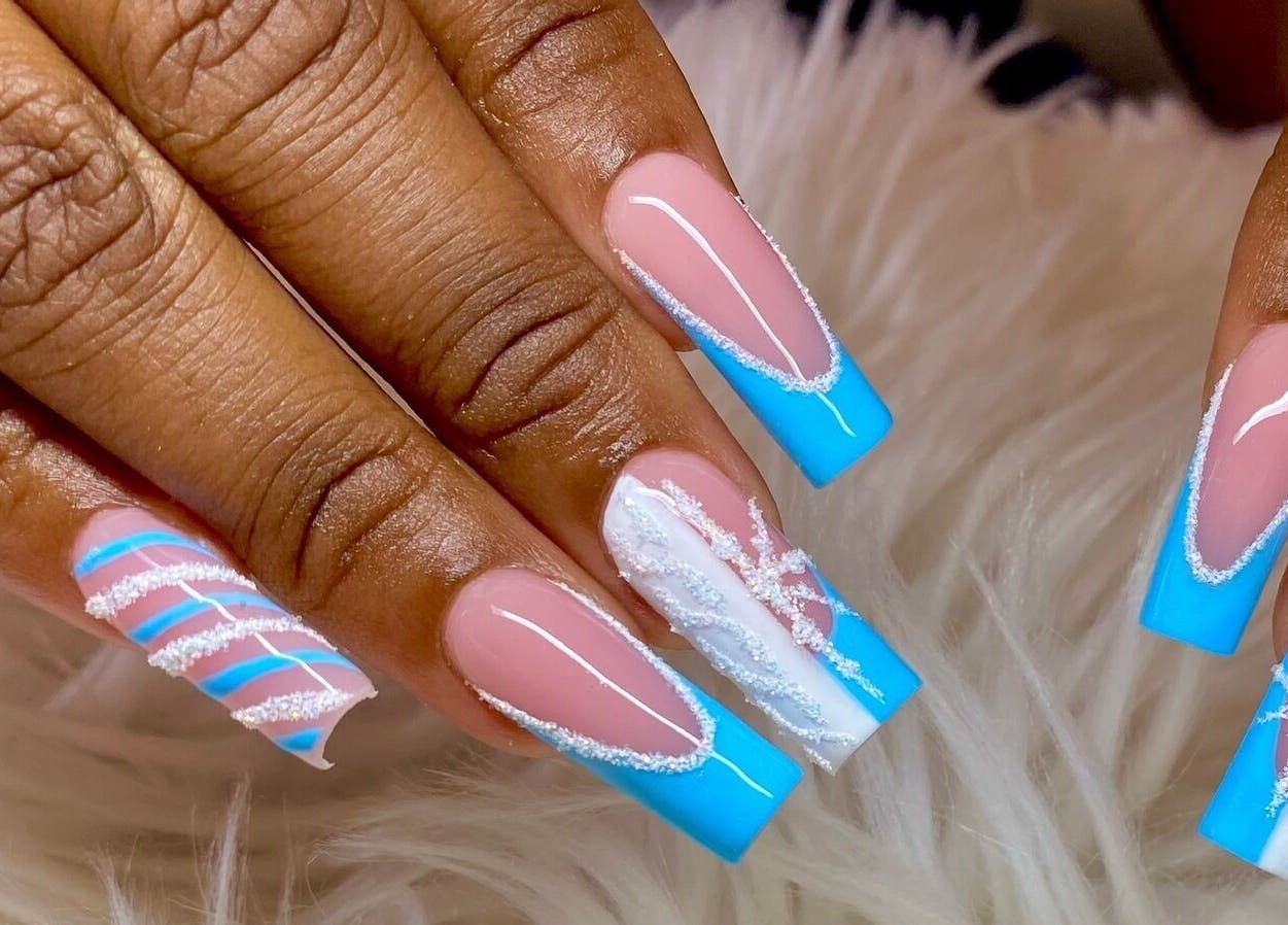 Stylish aqua and white nail art at Glam Nails by Sharon Melamu, Kuruman, Northern Cape, ZA.
