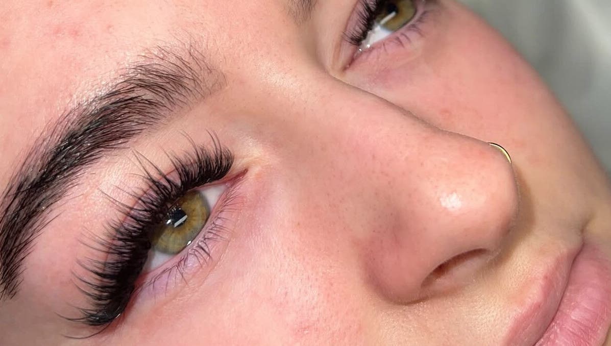 Close-up of eyelash extensions at Lashed by Nadia, Birkenhead, England, GB.
