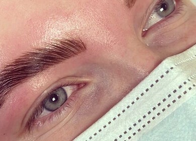 Close-up of perfectly shaped eyebrows at Bare Beauty by Sarah, Minehead, England, GB.