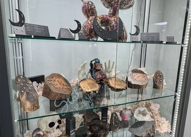 Unique jewelry display at Diamond & Dagger Piercing X Wildcard in Leeds, England, GB showcasing creative adornments.