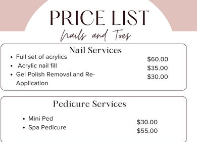 Nail and pedicure services price list at Twisted Scissors Family Salon LLC, Marlette, Michigan, US.