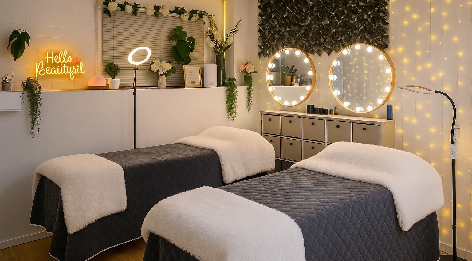 Relaxing treatment room at [SE:RE] Sienna Beauty Bar, Melbourne, Victoria, AU with ambient lighting and plush beds.