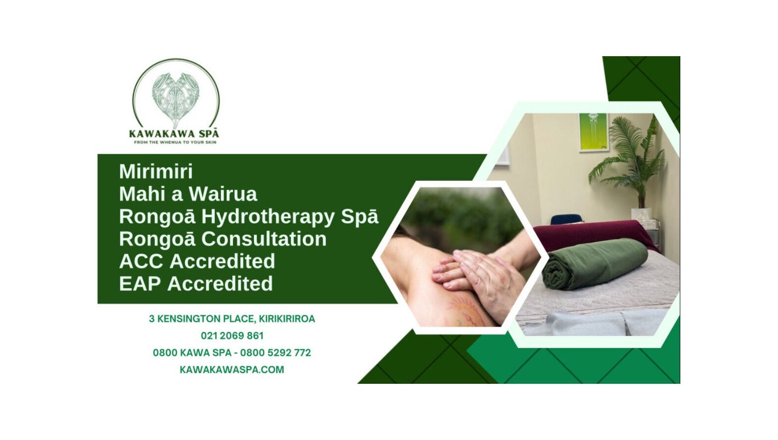 Te Whare O Kawakawa Spa banner showcasing massage and therapy services in Fairfield, Hamilton, NZ.