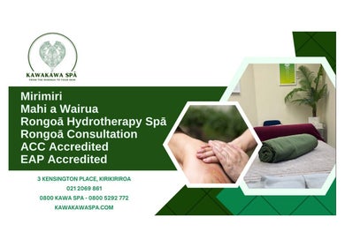 Te Whare O Kawakawa Spa banner showcasing massage and therapy services in Fairfield, Hamilton, NZ.