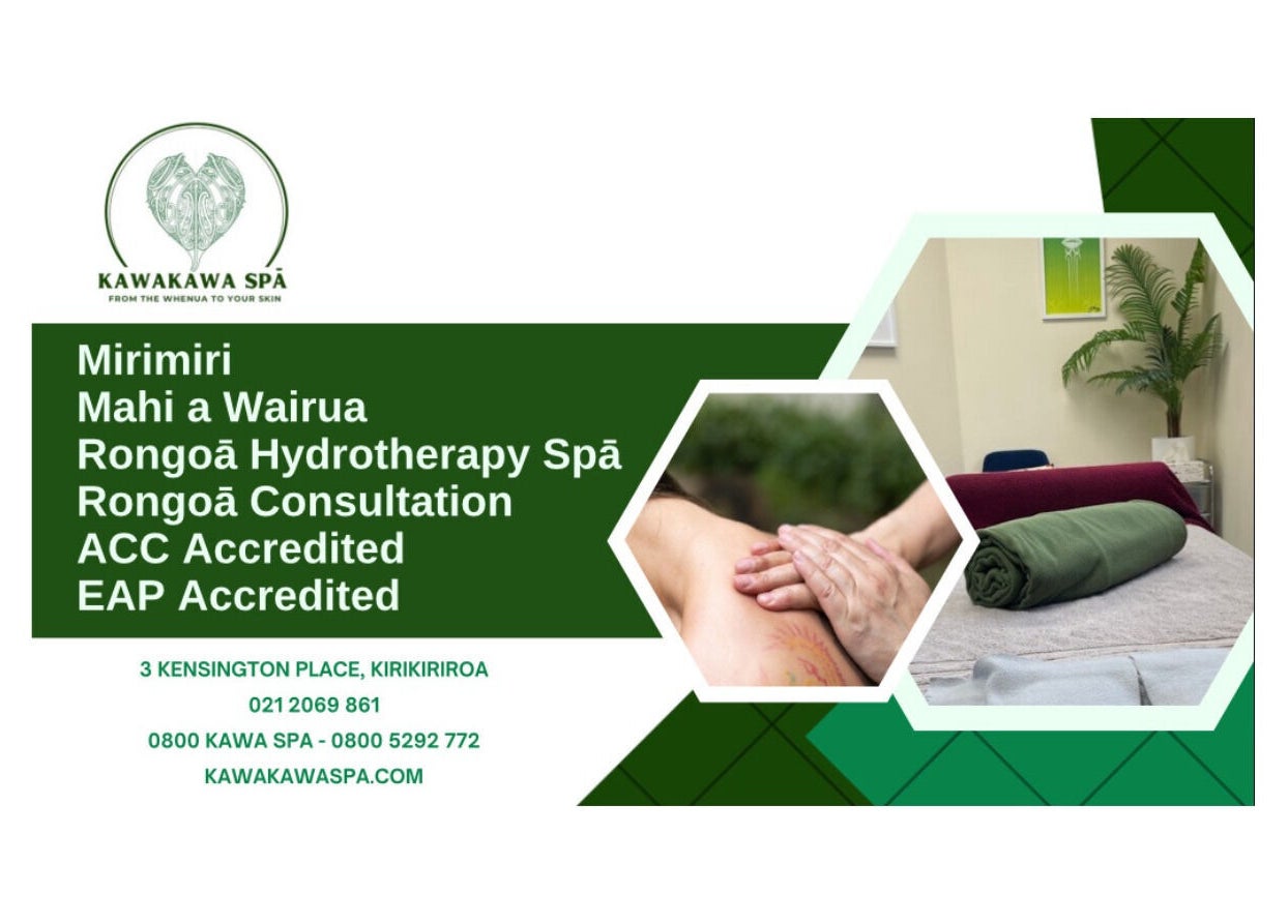 Te Whare O Kawakawa Spa banner showcasing massage and therapy services in Fairfield, Hamilton, NZ.