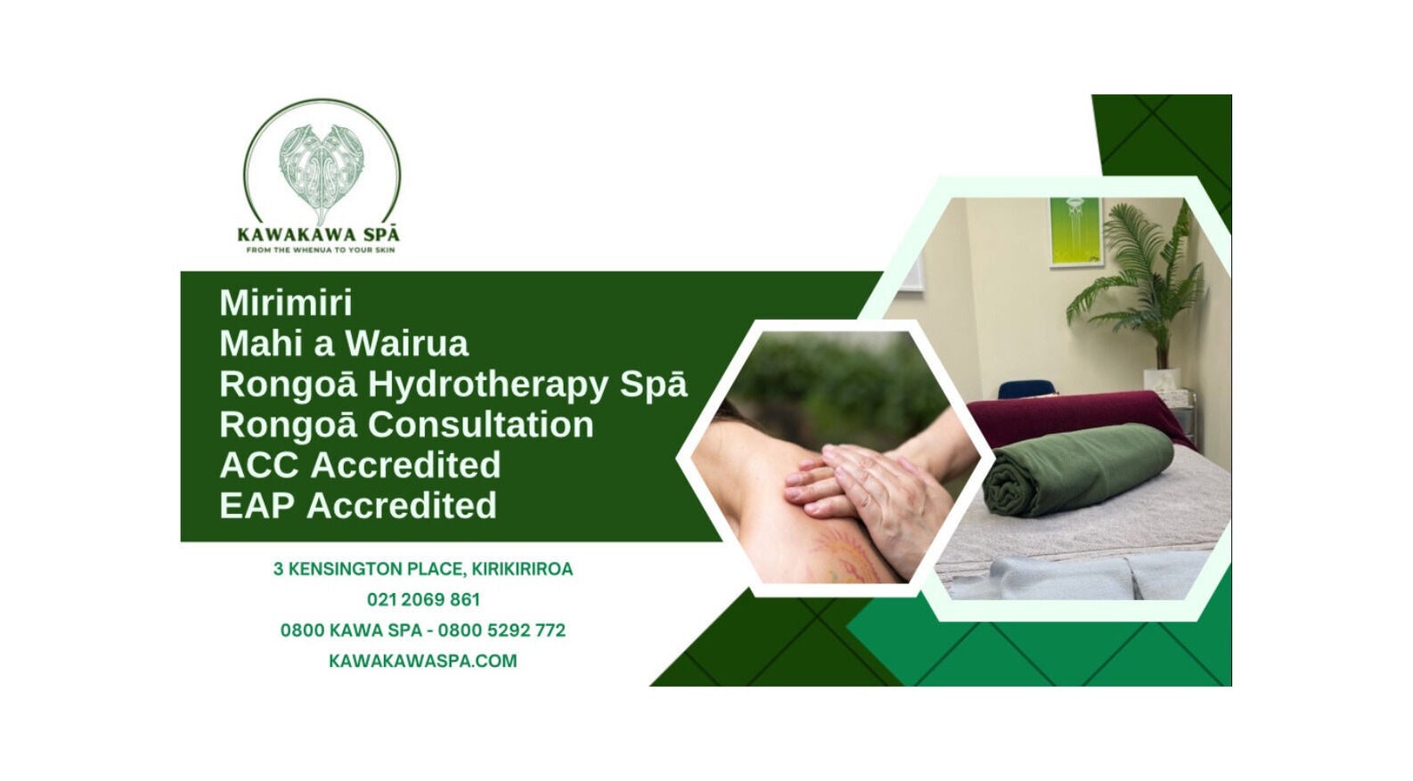 Te Whare O Kawakawa Spa banner showcasing massage and therapy services in Fairfield, Hamilton, NZ.