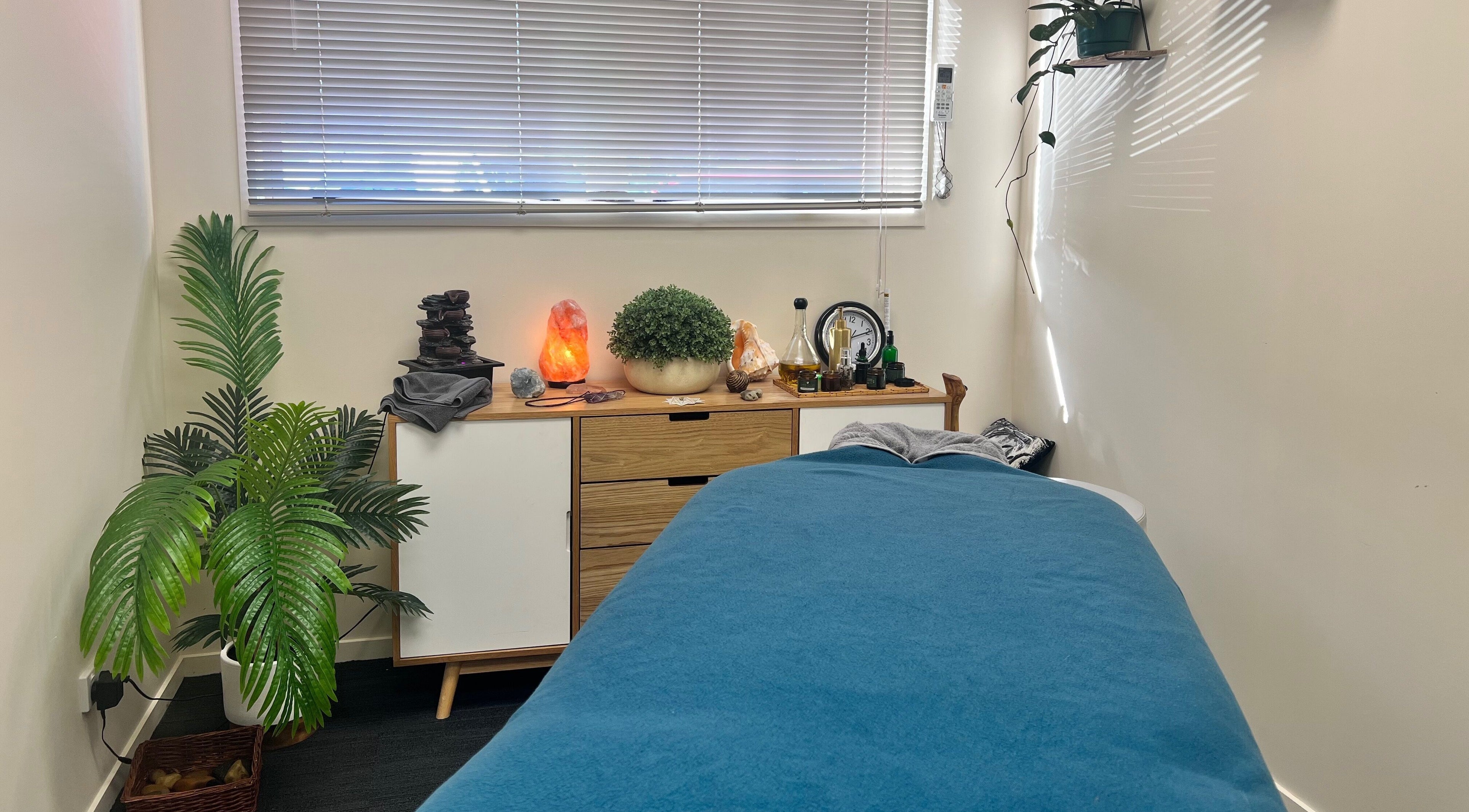 Relaxing spa room at Te Whare O Kawakawa Spa, Fairfield, Hamilton, NZ. Cozy ambiance with lush plants.