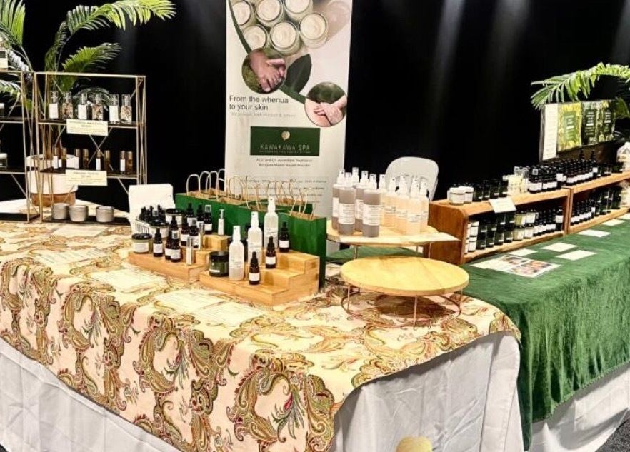 Te Whare O Kawakawa Spa product display at Fairfield, Hamilton, NZ showcasing natural beauty and wellness products.