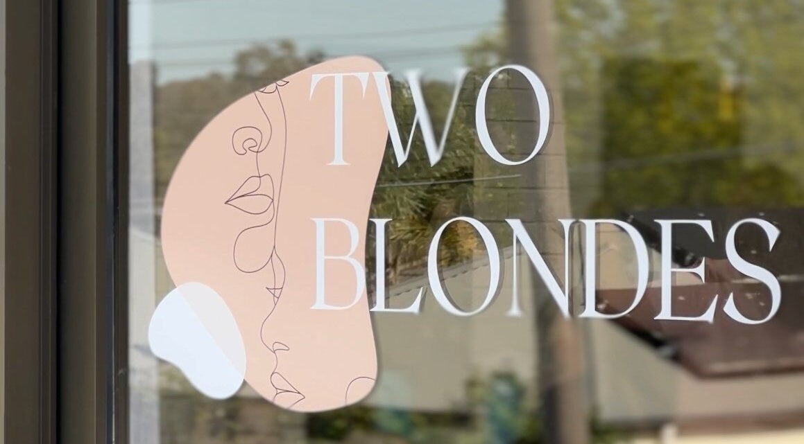 Elegant Two Blondes logo on window at Melbourne, Victoria, AU beauty venue entrance.