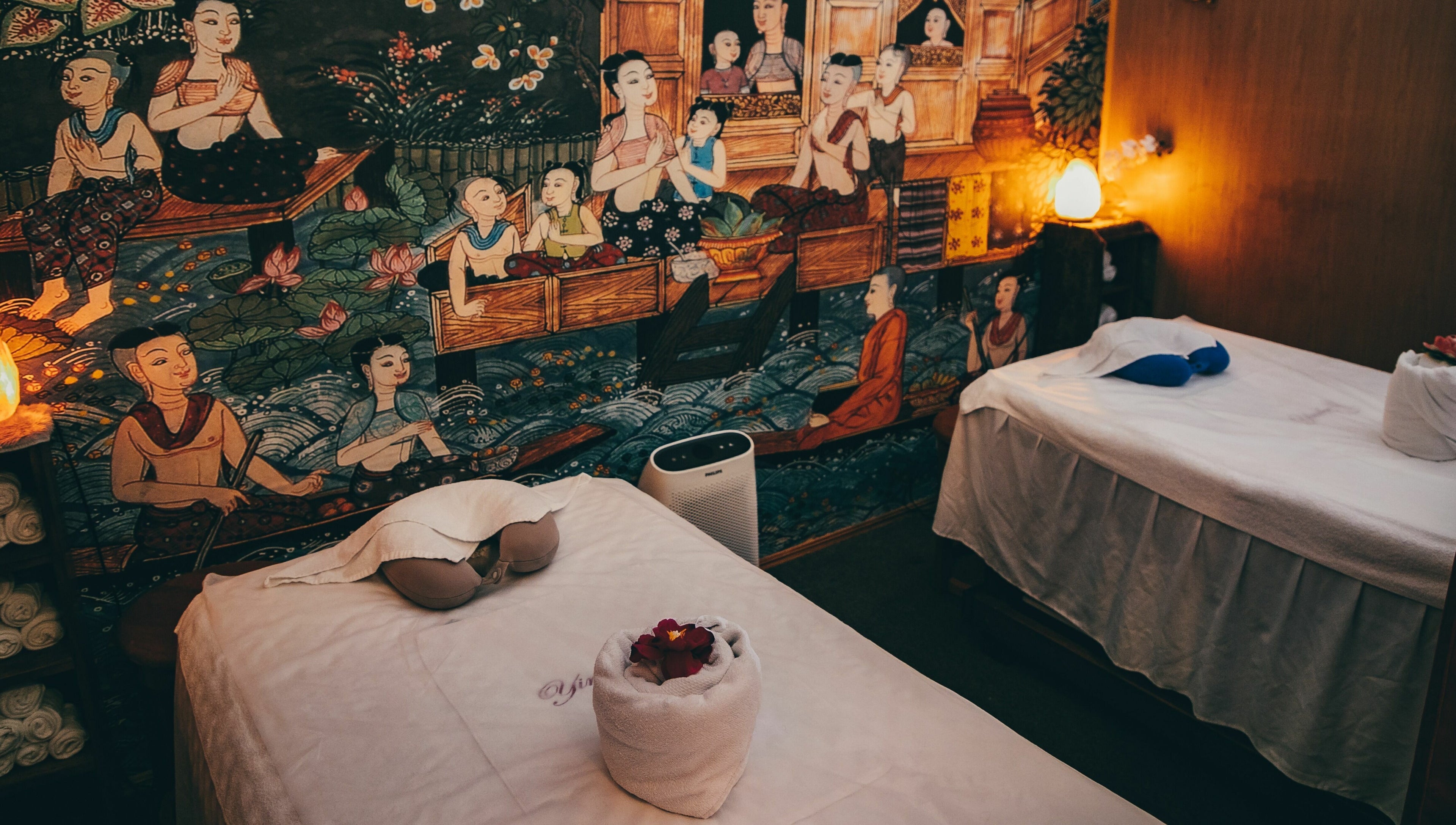 Tranquil massage room at Yindee Thai Massage Broadbeach, featuring Thai artwork, Broadbeach, Queensland, AU.